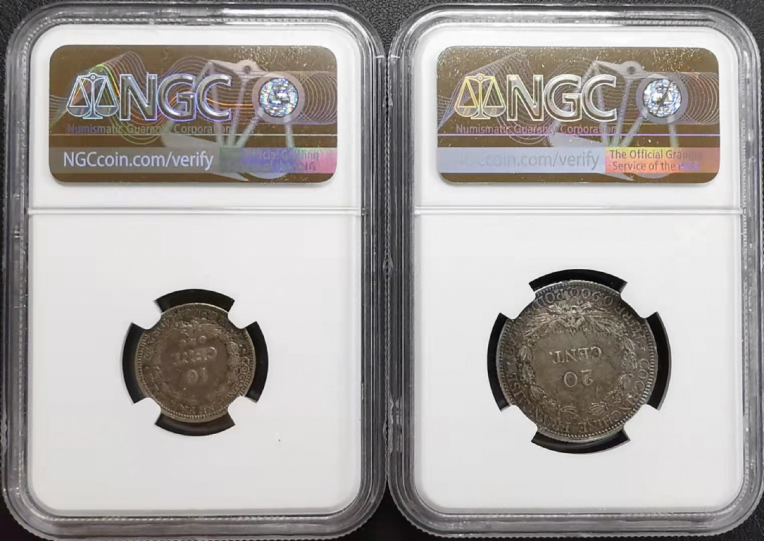 凡希社世界钱币微拍第一百六十九期 1879法属交趾支那10分20分一对NGC原味品！