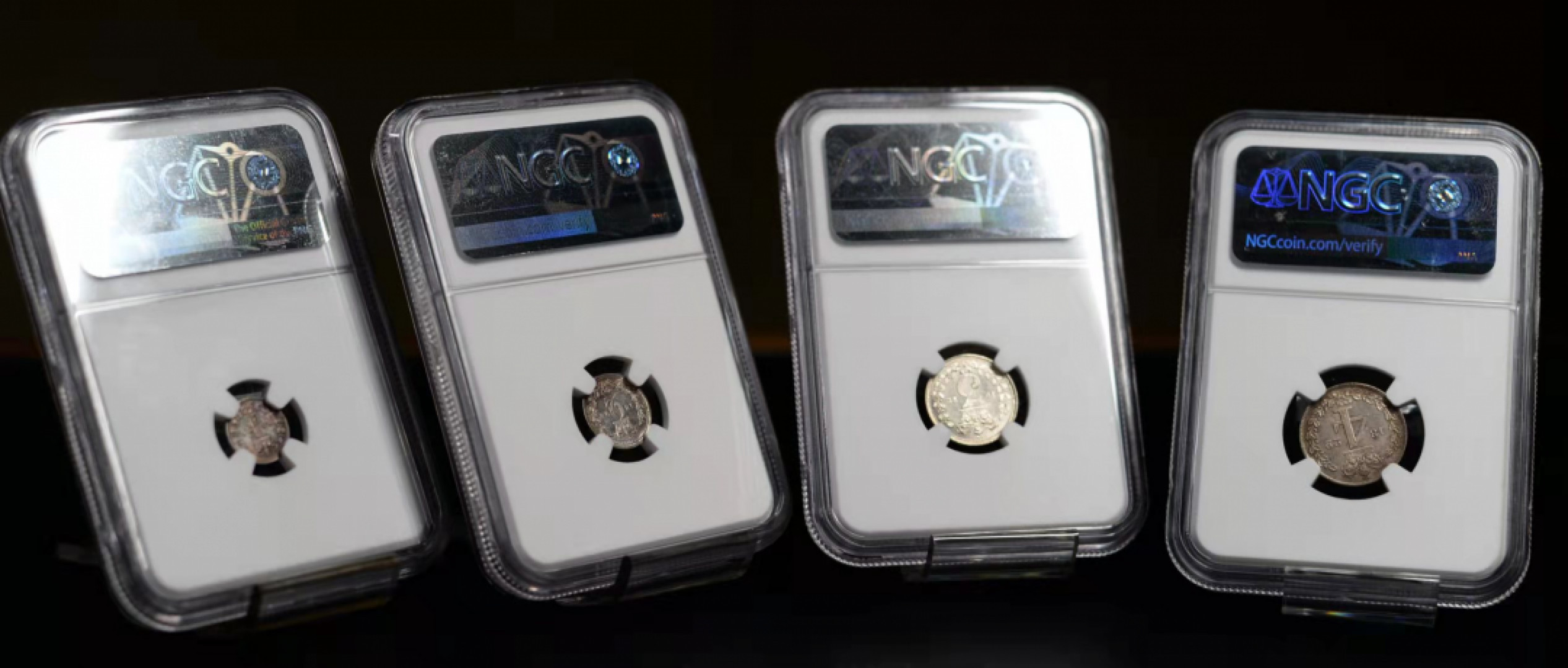 凡希社世界钱币微拍第一百六十九期 稀！1822乔四濯足币四枚NGC-MS64/65/65/66高分盒子连号！