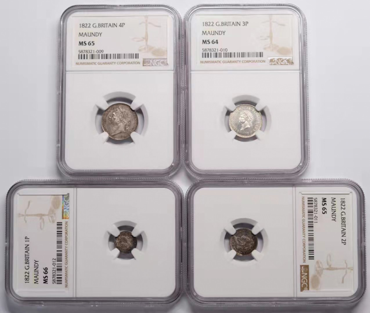 凡希社世界钱币微拍第一百六十九期 稀！1822乔四濯足币四枚NGC-MS64/65/65/66高分盒子连号！
