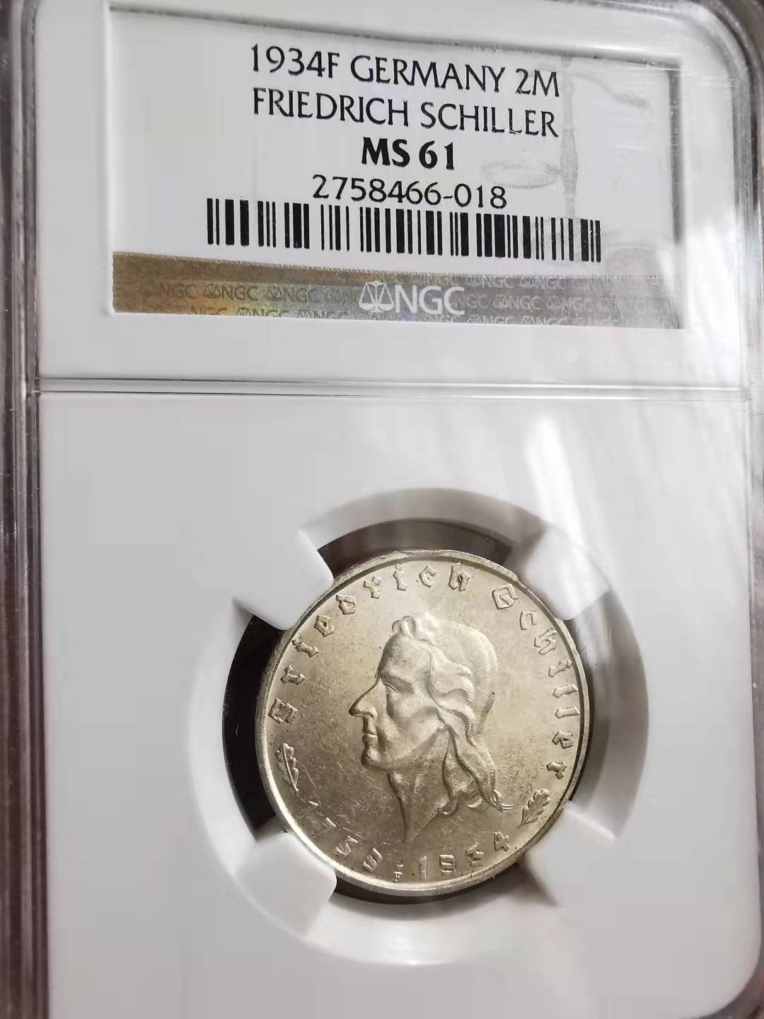 凡希社世界钱币微拍第一百六十九期 1934F第三帝国席勒2马克NGC-MS61