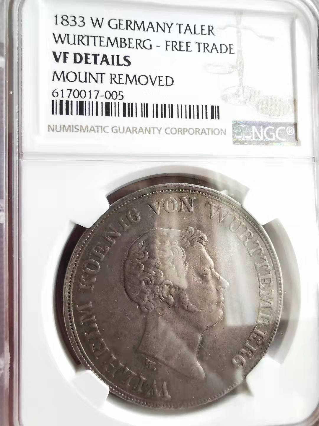 凡希社世界钱币微拍第一百六十九期 1833符腾堡自由贸易纪念泰勒NGC-VFD