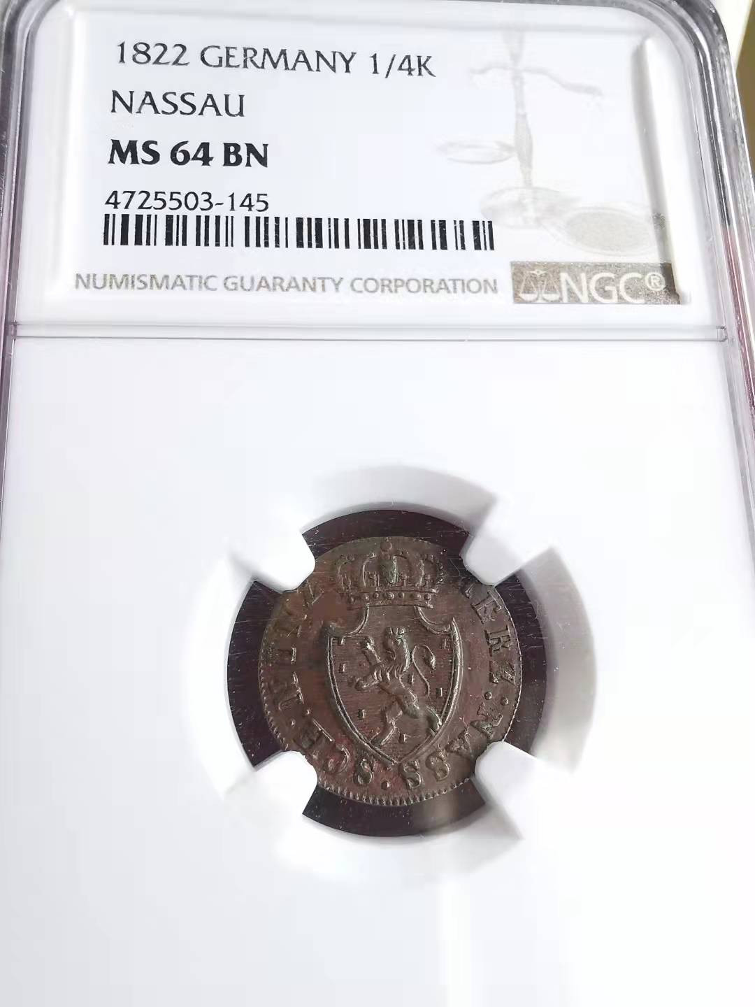 凡希社世界钱币微拍第一百六十九期 1822拿骚1/4克鲁泽NGC-MS64