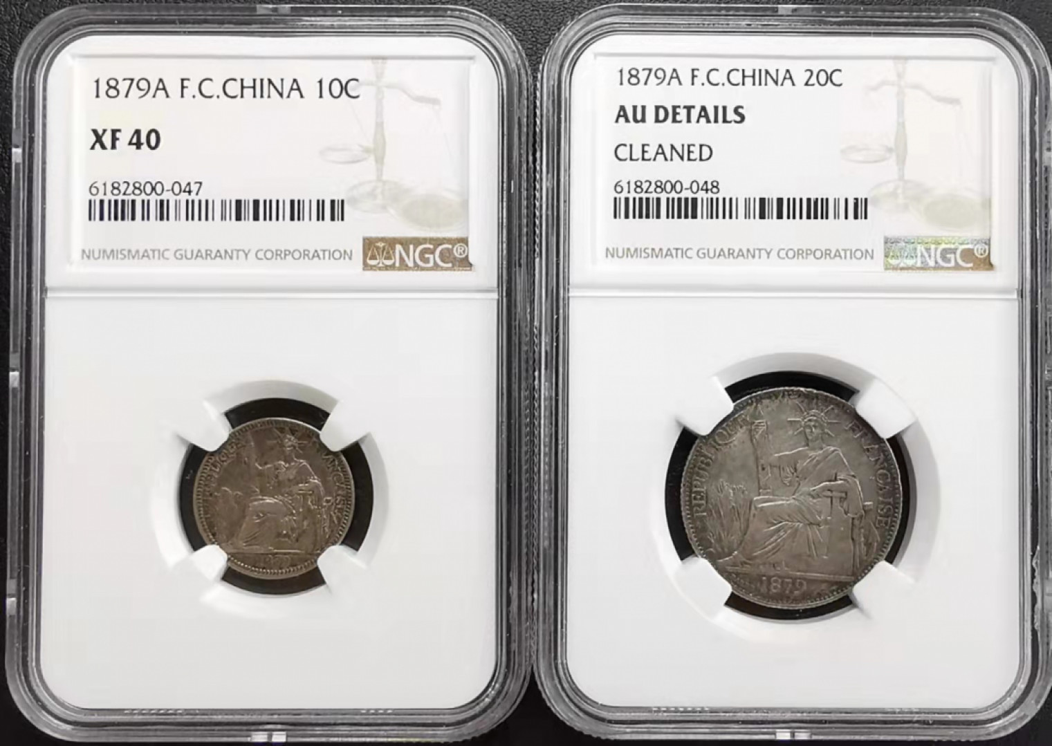 凡希社世界钱币微拍第一百六十九期 1879法属交趾支那10分20分一对NGC原味品！