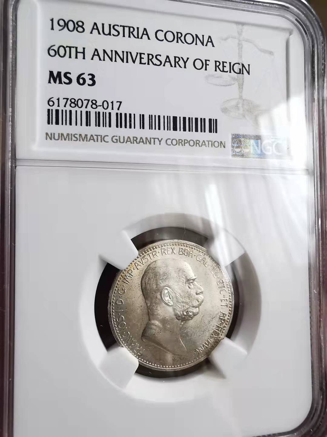凡希社世界钱币微拍第一百六十九期 1908奥地利加冕纪念科罗纳NGC-MS63