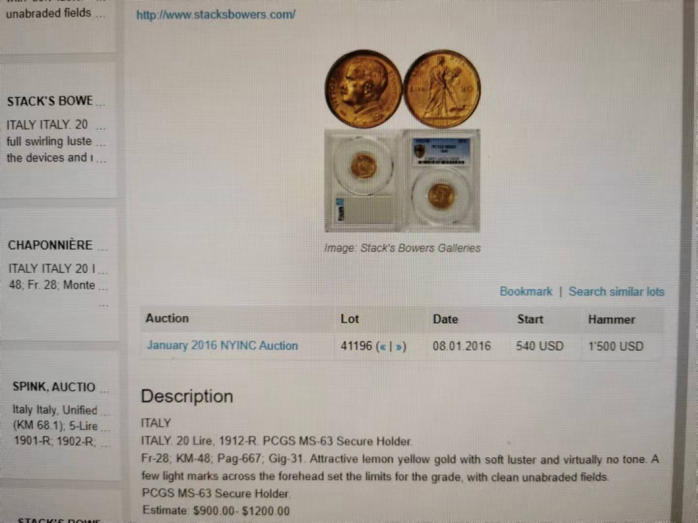 凡希社世界钱币微拍第一百六十九期 稀！1912意大利丰收女神20里拉金币NGC-MS63稀有品种！