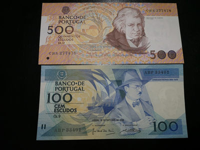 《外钞收藏家》第一百二十五期拍卖 - 葡萄牙1989年500和1988年100 两张一起 全新UNC
