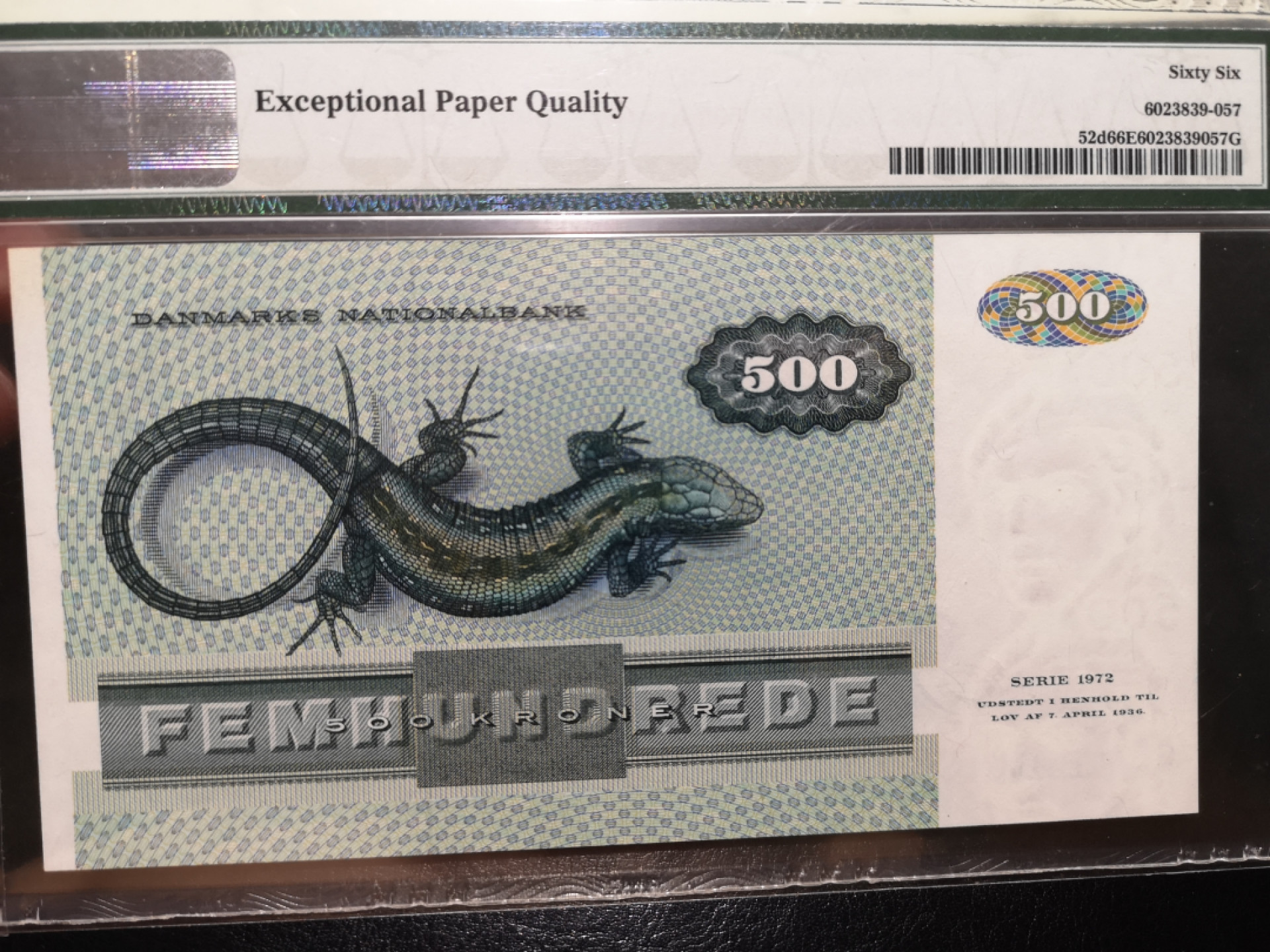《外钞收藏家》第一百二十五期拍卖 1988年丹麦动物版 500克朗 大蜥蜴 PMG66