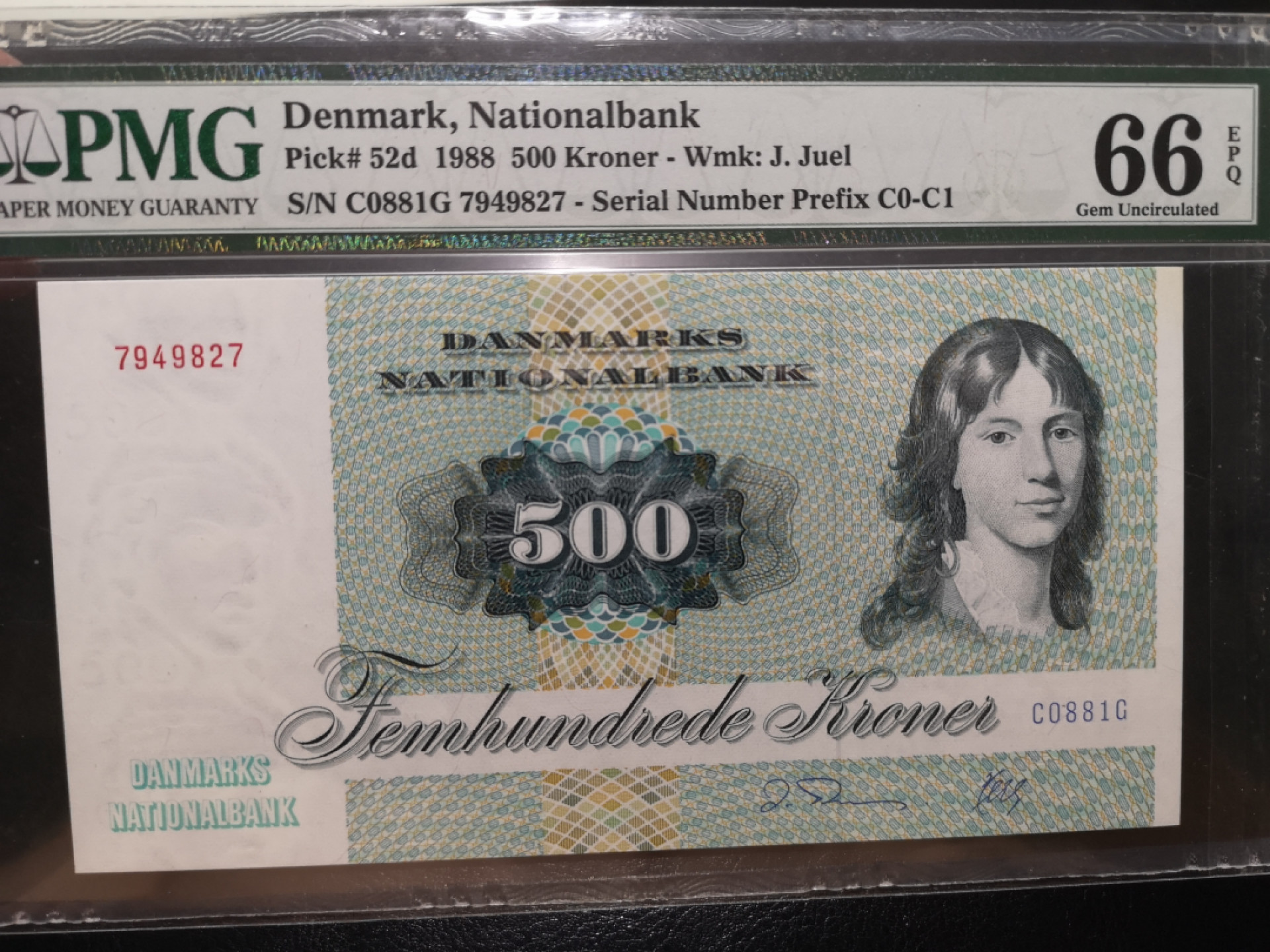 《外钞收藏家》第一百二十五期拍卖 1988年丹麦动物版 500克朗 大蜥蜴 PMG66