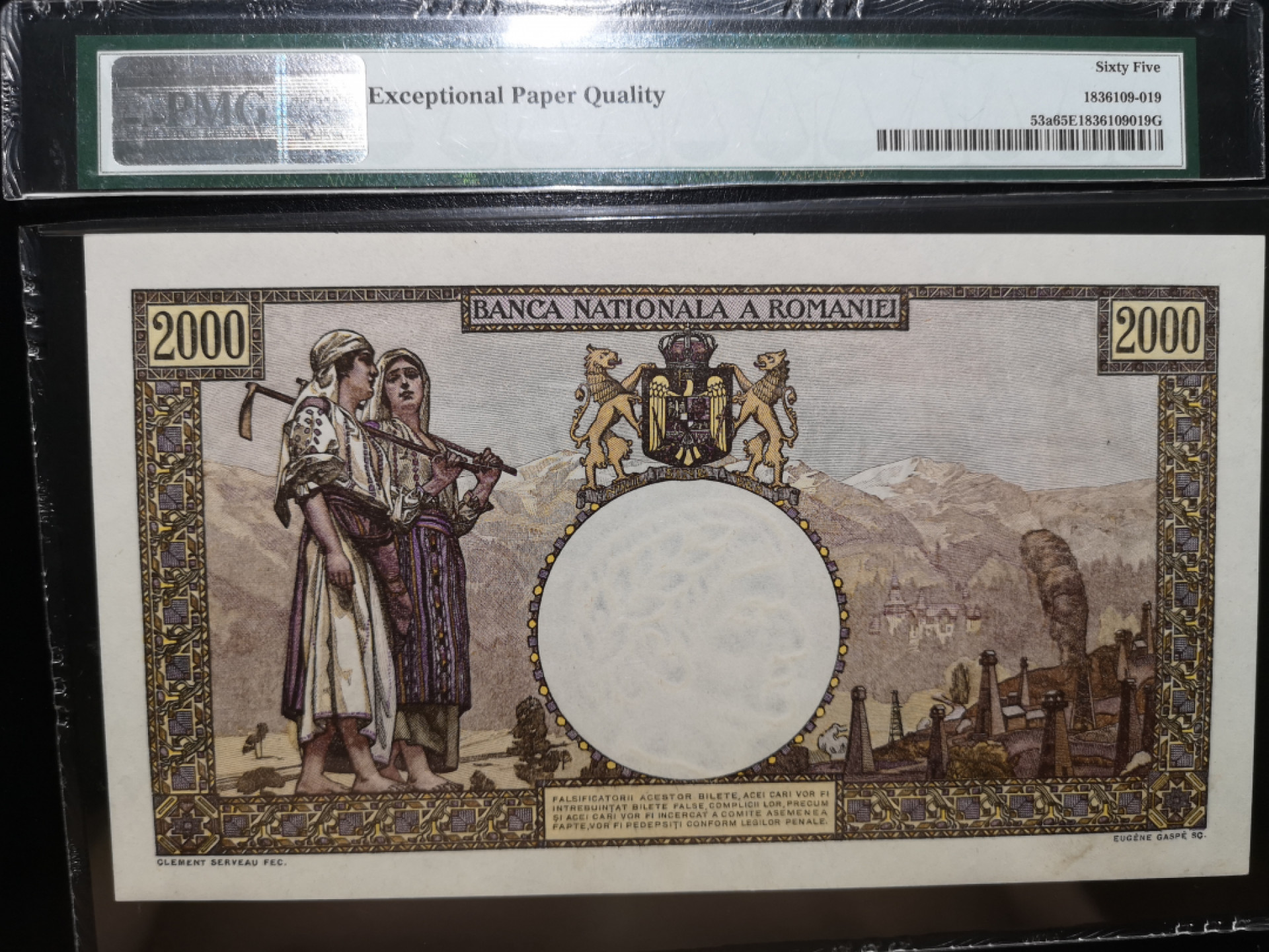 《外钞收藏家》第一百二十五期拍卖 1941年罗马尼亚2000 PMG65 但是但是但是......分数部分壳子被剪了 纸币部分封装完好