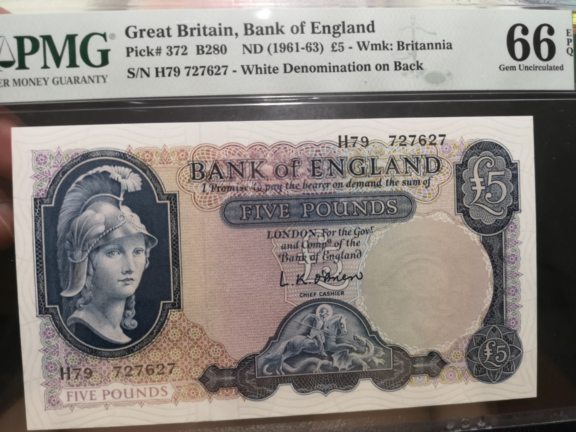 《外钞收藏家》第一百二十五期拍卖 英国B序列5镑 PMG66 空心