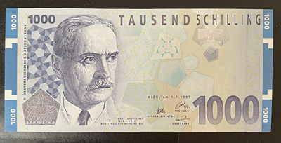 小福收藏拍卖第28期 外币裸钞场 本期有哈萨克斯坦雪豹 奥地利1000先令 印尼60年100卢比 卡塔尔 07年500里亚尔等精品 - 奥地利 1997年 1000先令 初版  生物学家兰德斯坦纳 UNC