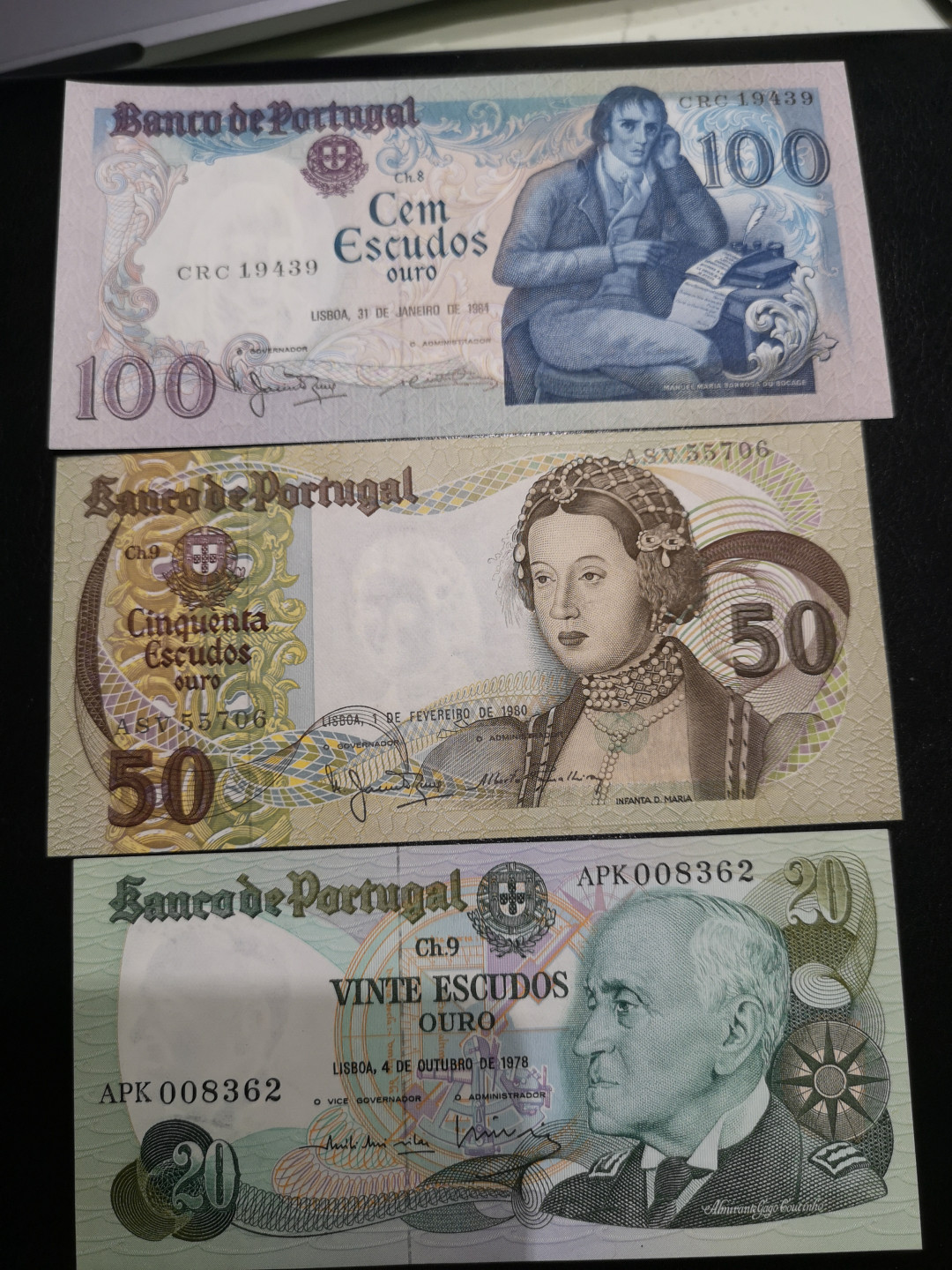《外钞收藏家》第一百二十五期拍卖 葡萄牙1984年100、1978年20 全新 19080年50 AU 三张一起