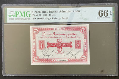 小福收藏拍卖第29期 外钞PMG评级币精选场 本期有朝鲜59年100、冠军分格陵兰1905百年老钞、马耳他5里拉经典彩背、大蜥蜴、大松鼠等多国高分罕见品种纸币！ - 格陵兰 1905年 25欧尔 百年老钞 稀有高分 无47 PMG66 EPQ 冠军分