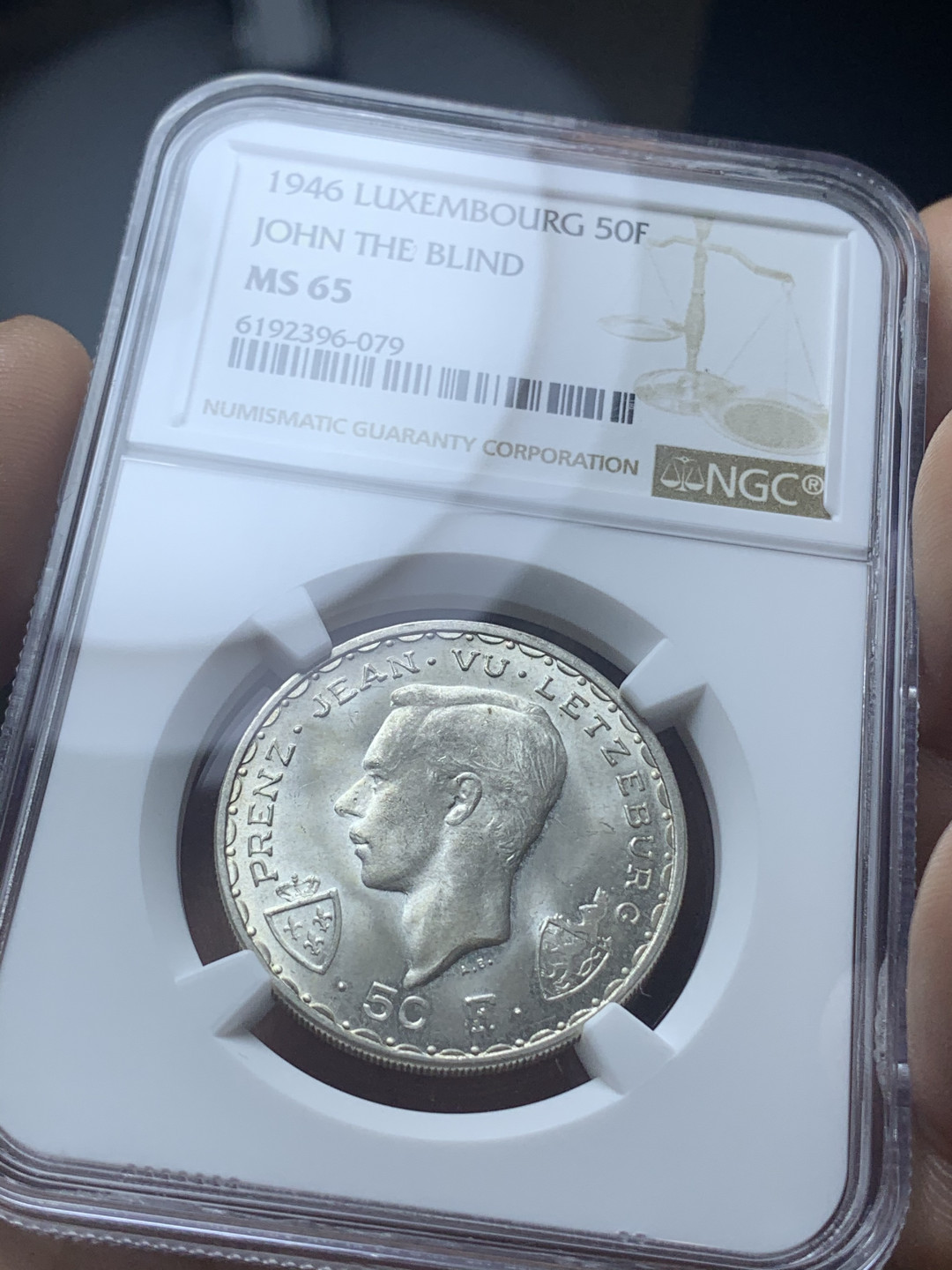 《竞宝斋》钱币微拍-第4场（0佣金包邮） NGC-MS65 卢森堡1946年 约翰 50法郎 马剑 银币