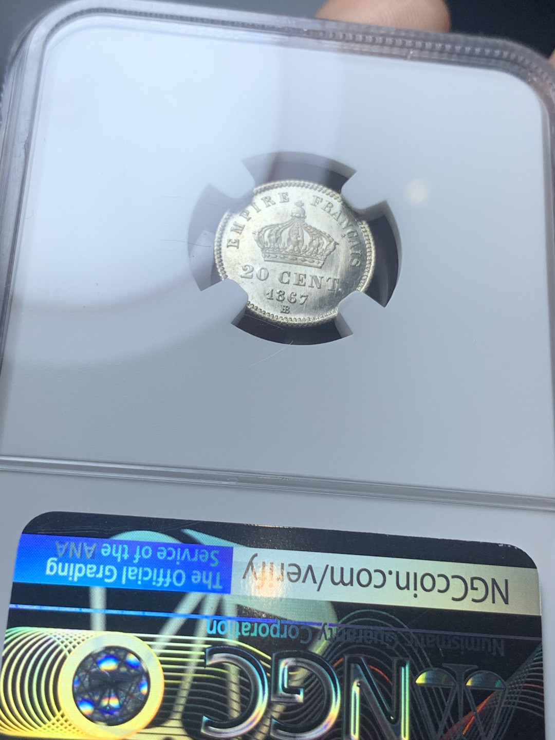 《竞宝斋》钱币微拍-第4场（0佣金包邮） NGC-MS67 法国拿三 1867年-BB 20分 银币 收藏级超高分