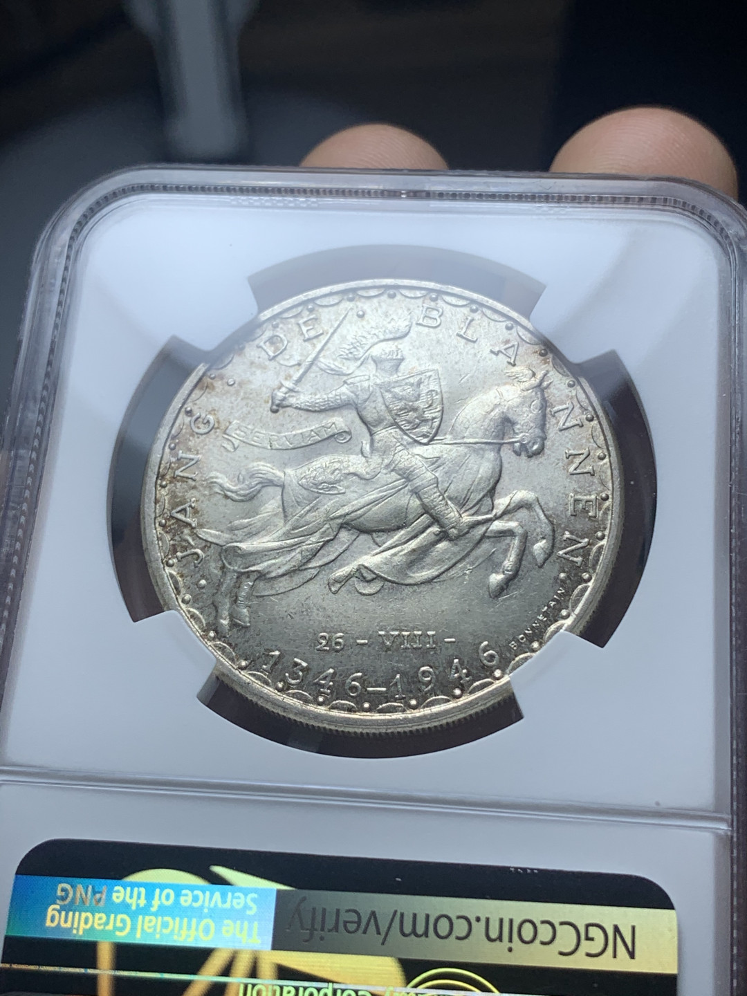 《竞宝斋》钱币微拍-第4场（0佣金包邮） NGC-MS63 卢森堡1946年 约翰 100法郎 马剑 大银币