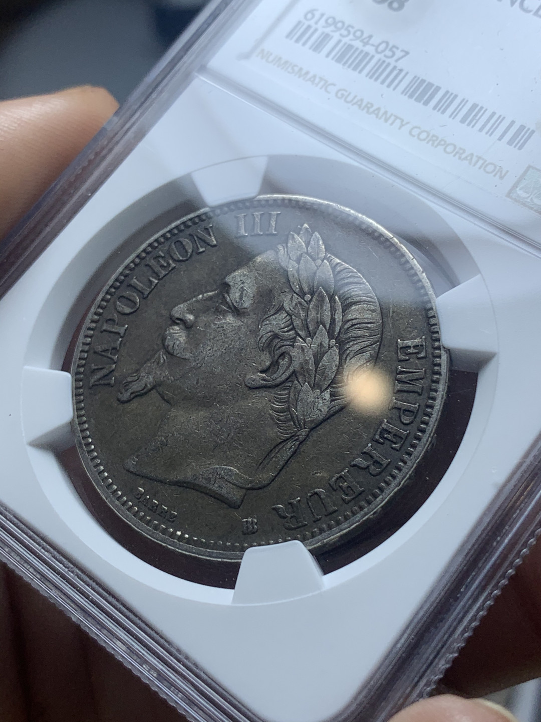 《竞宝斋》钱币微拍-第4场（0佣金包邮） NGC-AU58 法国拿三 1869年-BB 5法郎 传世黑包浆 银币