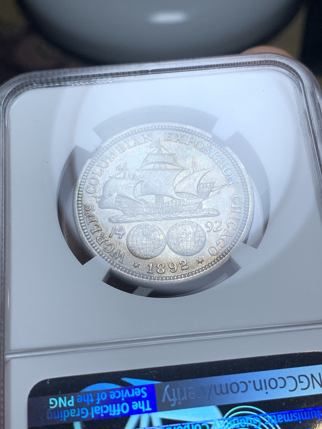 《竞宝斋》钱币微拍-第4场（0佣金包邮） NGC-AU58 美国 1892年 哥伦布帆船 半圆 传世老包浆 银币