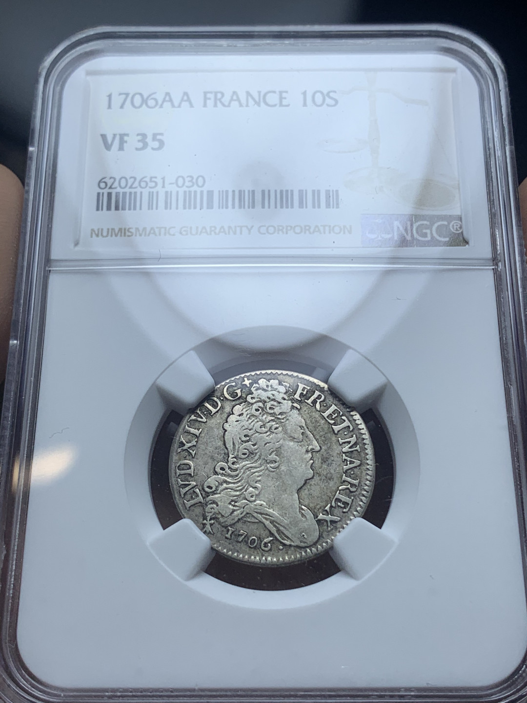 《竞宝斋》钱币微拍-第4场（0佣金包邮） NGC-VF35 法国路易十四1706年-AA 10S 银币 唯一冠军