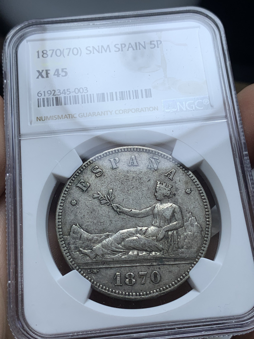 《竞宝斋》钱币微拍-第4场（0佣金包邮） NGC-XF45 西班牙 1870年 拿花5比塞塔 银币 原味品