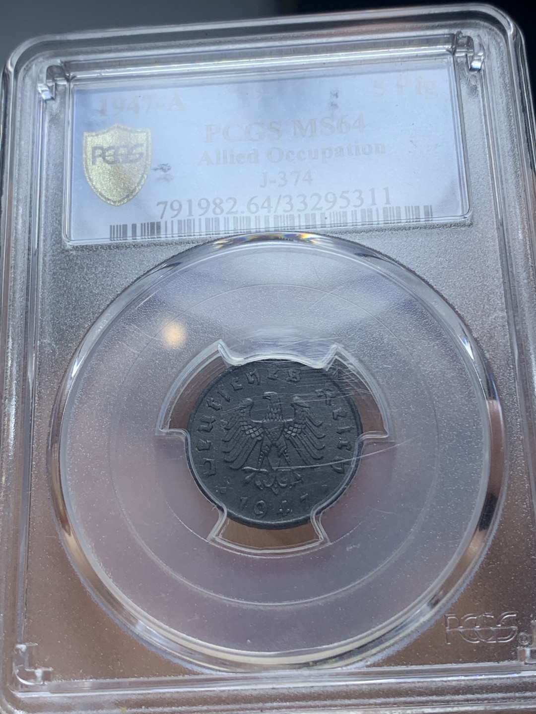 《竞宝斋》钱币微拍-第4场（0佣金包邮） （PCGS网封面币）1947年德国A版5芬尼锌币（PCGS-MS64亚军分）