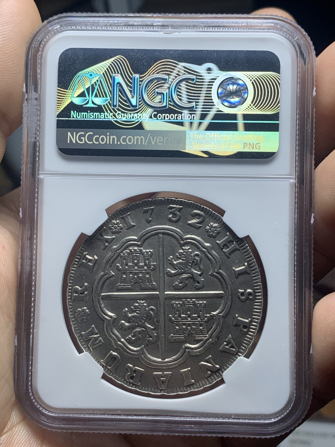 《竞宝斋》钱币微拍-第4场（0佣金包邮） NGC-AU58西班牙塞维利亚1732年 8R 十字大银币 第二名 此币因磨具问题全部弱打 第一名是MS64 HA2017售出 币面也全部弱打