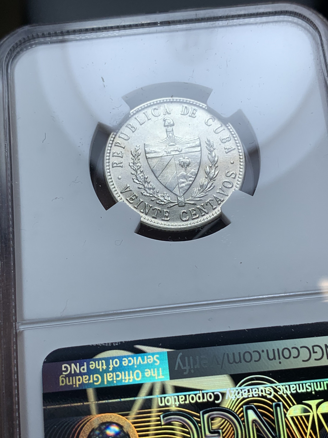 《竞宝斋》钱币微拍-第4场（0佣金包邮） NGC-MS62 古巴1949年 大五星 20分 原光 银币