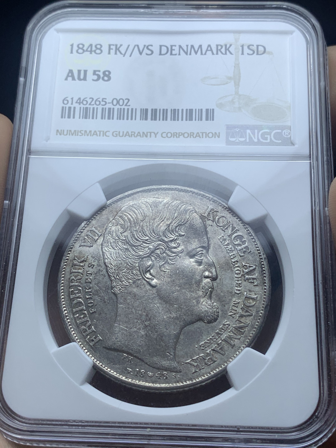 《竞宝斋》钱币微拍-第4场（0佣金包邮） NGC AU58 丹麦1848年克里斯蒂安七世逝世和弗雷德里克七世登基纪念1达勒大银币 发行量仅4.7W枚