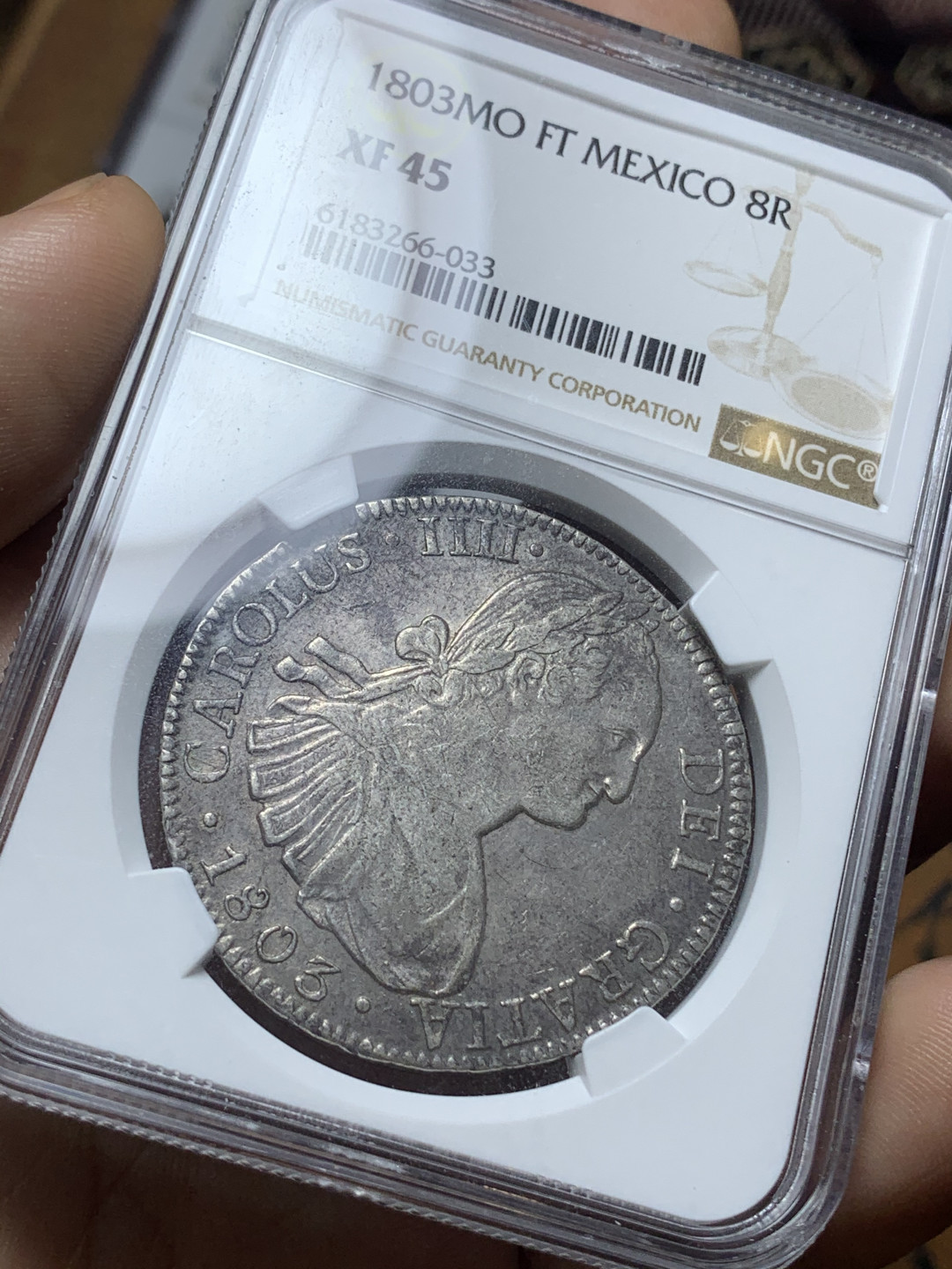 《竞宝斋》钱币微拍-第4场（0佣金包邮） NGC-XF45 墨西哥1803年 卡洛斯四世 双柱 原味老包浆 银币