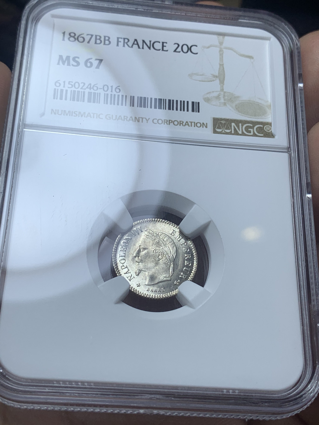 《竞宝斋》钱币微拍-第4场（0佣金包邮） NGC-MS67 法国拿三 1867年-BB 20分 银币 收藏级超高分