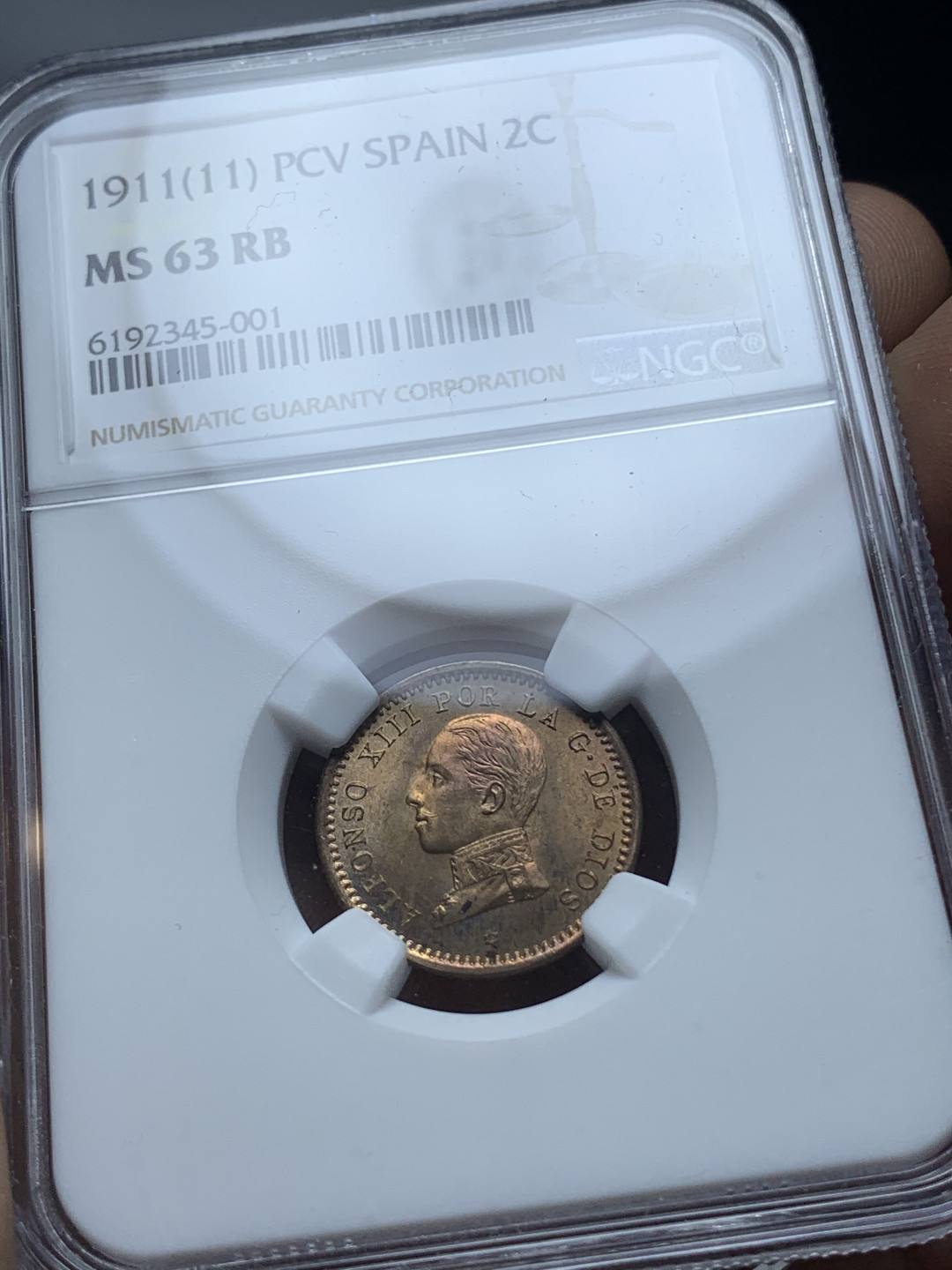 《竞宝斋》钱币微拍-第4场（0佣金包邮） NGC-MS63 西班牙1911年 阿方索十三世 2分 原光铜币