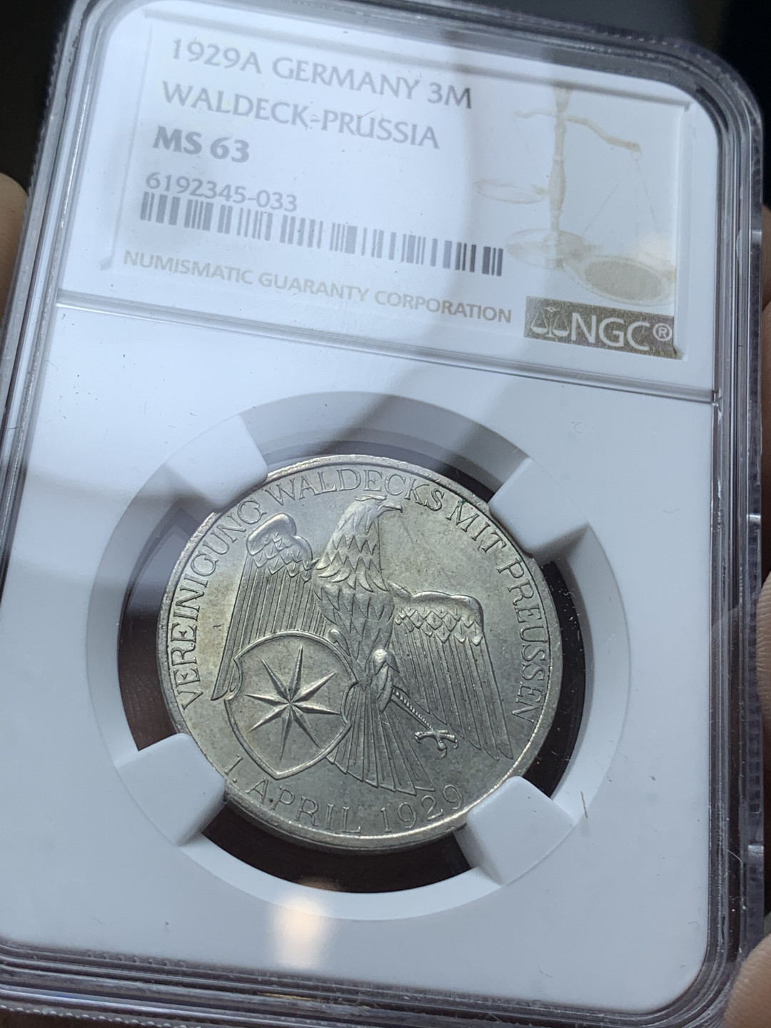 《竞宝斋》钱币微拍-第4场（0佣金包邮） NGC-MS63 德国魏玛共和国普鲁士同盟 1929年 3马克 银币