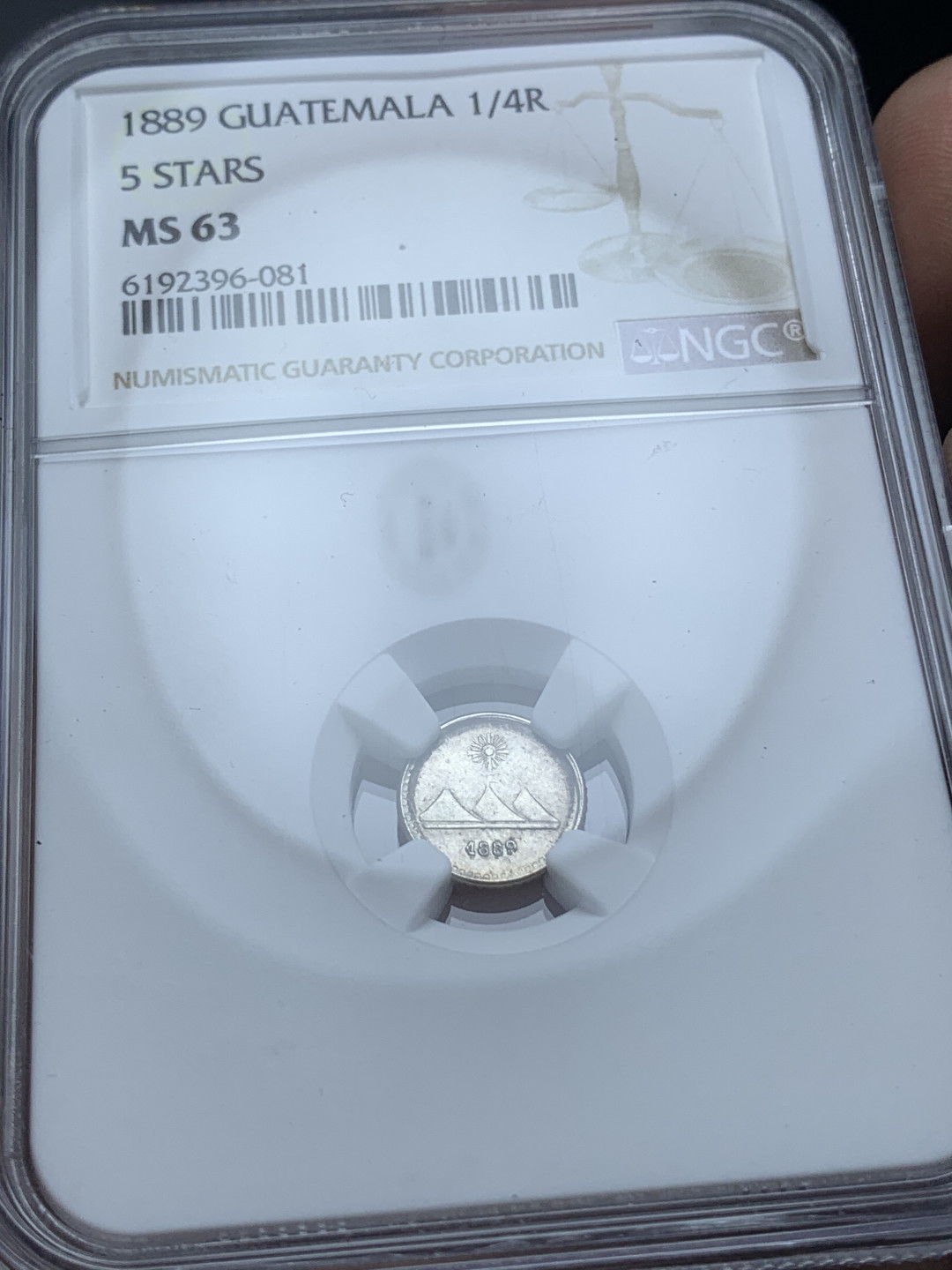 《竞宝斋》钱币微拍-第4场（0佣金包邮） NGC-MS63 危地马拉 1889年 1/4R 五星版 银币 收藏级品相