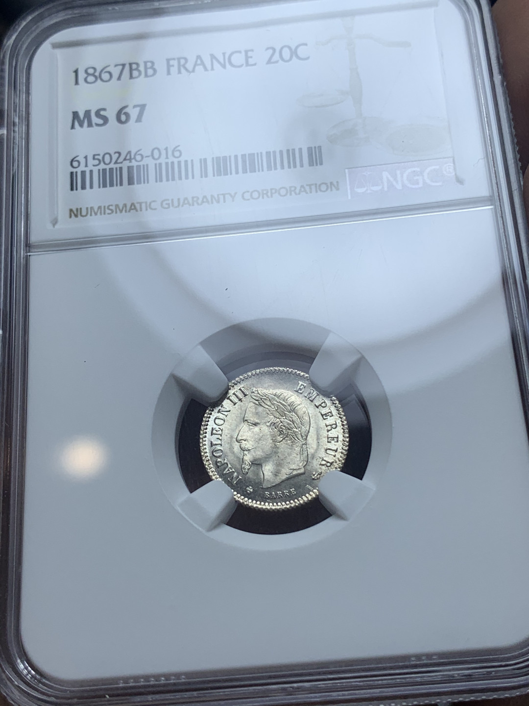 《竞宝斋》钱币微拍-第4场（0佣金包邮） NGC-MS67 法国拿三 1867年-BB 20分 银币 收藏级超高分