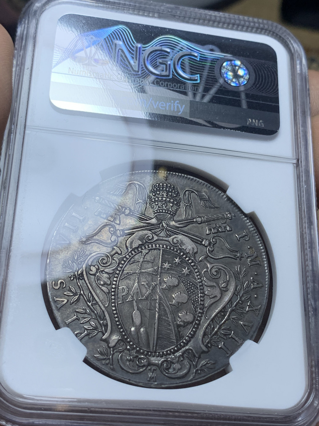 《竞宝斋》钱币微拍-第4场（0佣金包邮） NGC-XF45 意大利教皇国 1816年-B 斯库多 银币 顶级传世五彩包浆