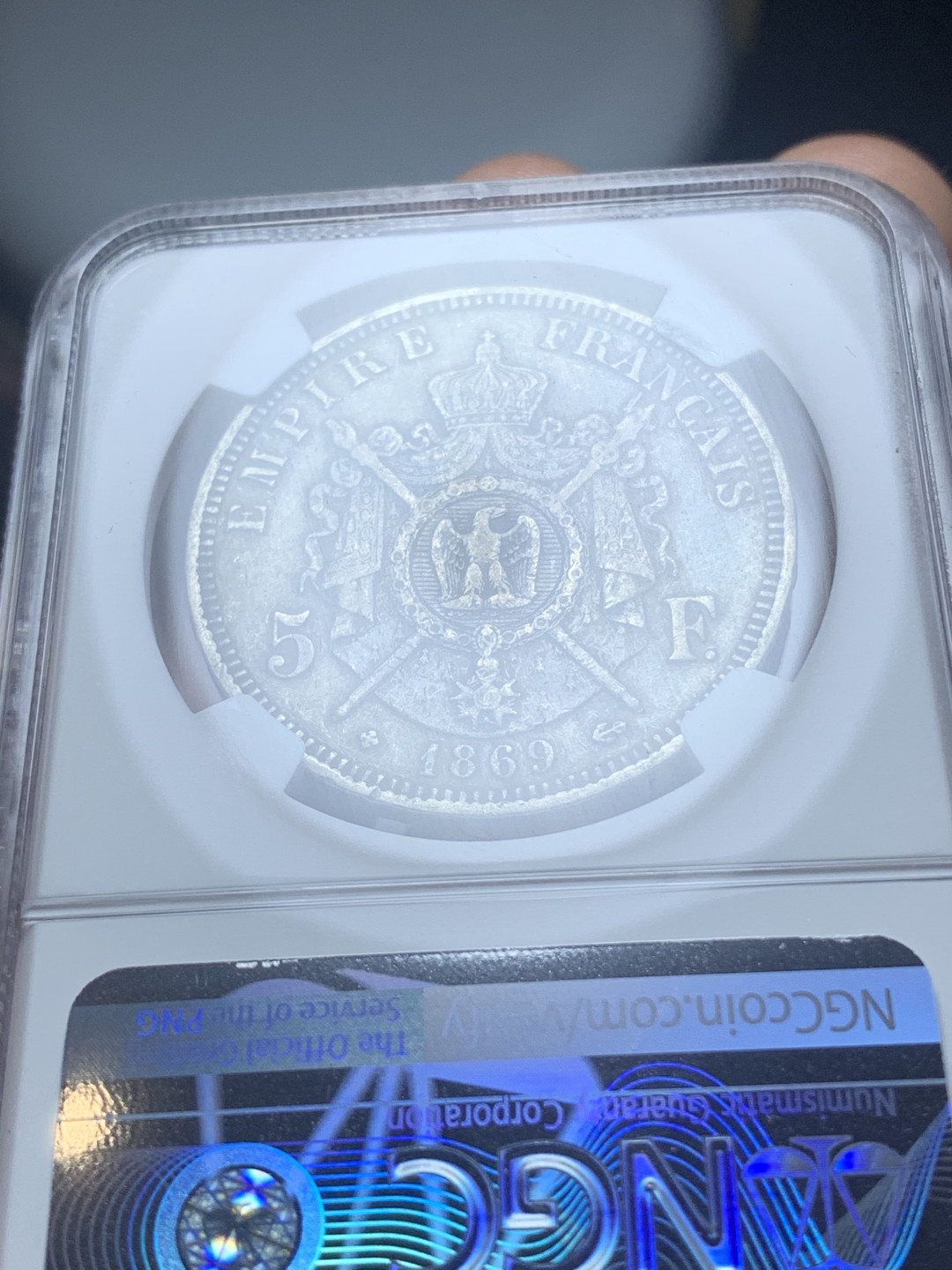 《竞宝斋》钱币微拍-第4场（0佣金包邮） NGC-AU58 法国拿三 1869年-BB 5法郎 传世黑包浆 银币