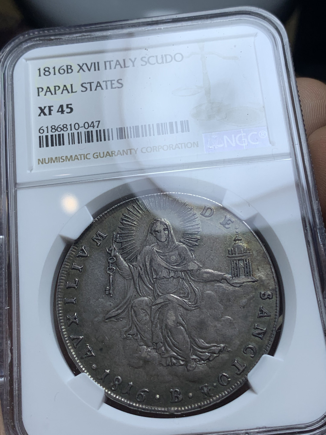 《竞宝斋》钱币微拍-第4场（0佣金包邮） NGC-XF45 意大利教皇国 1816年-B 斯库多 银币 顶级传世五彩包浆