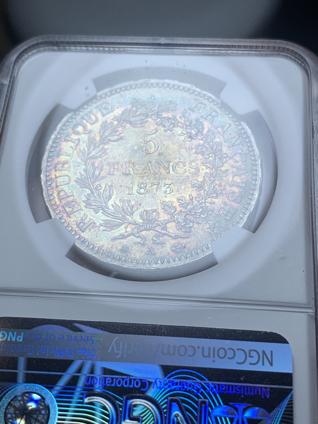 《竞宝斋》钱币微拍-第4场（0佣金包邮） NGC-MS62 法国大力神 1873年-A 5法郎 经典顶级五彩包浆 银币