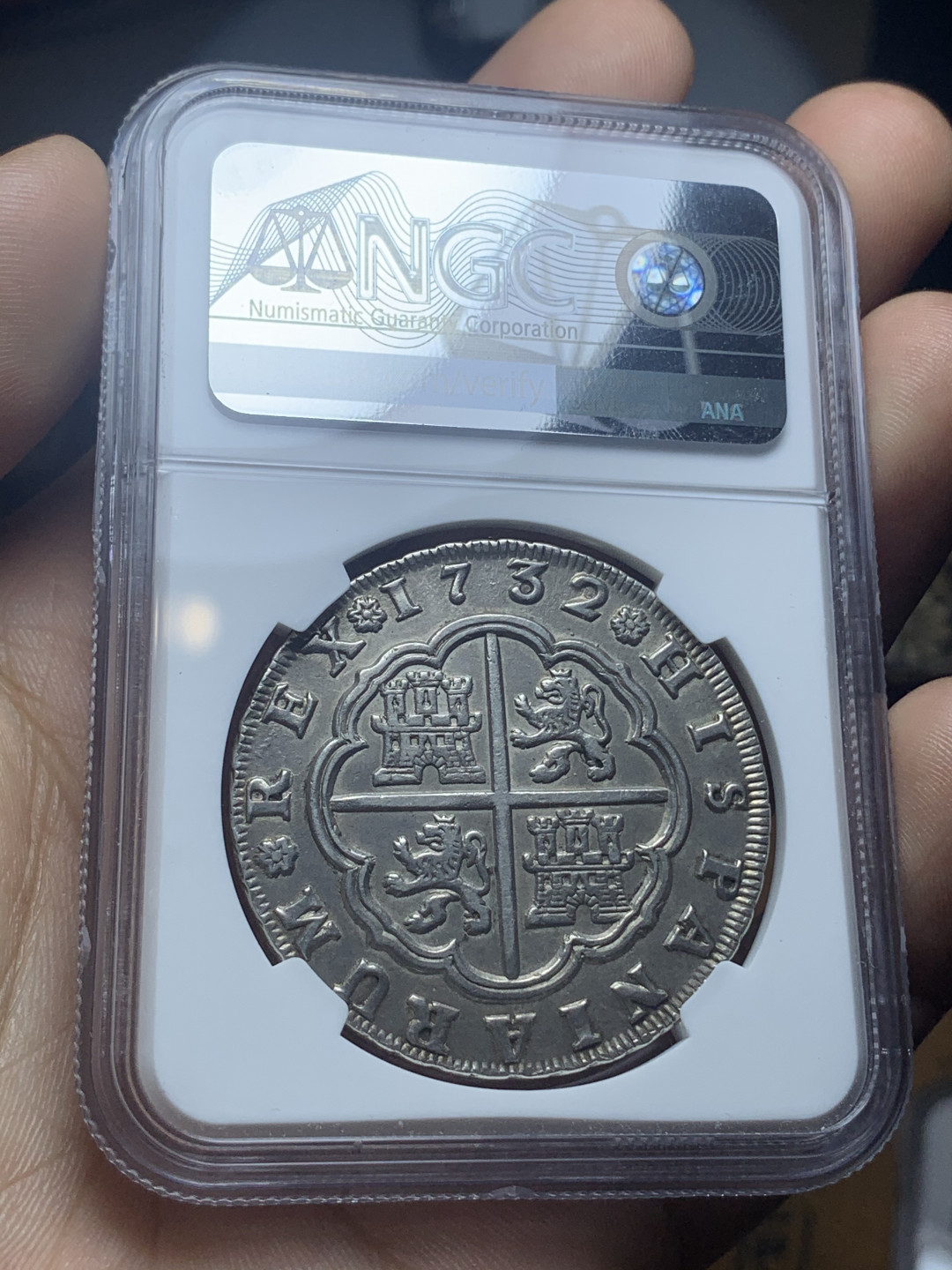 《竞宝斋》钱币微拍-第4场（0佣金包邮） NGC-AU58西班牙塞维利亚1732年 8R 十字大银币 第二名 此币因磨具问题全部弱打 第一名是MS64 HA2017售出 币面也全部弱打