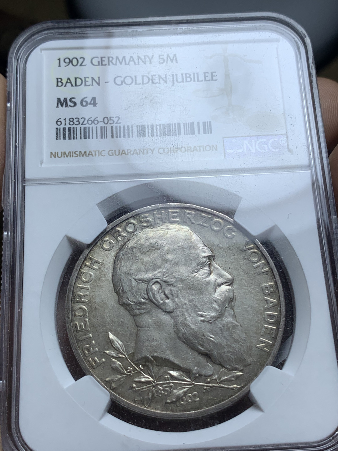 《竞宝斋》钱币微拍-第4场（0佣金包邮） NGC-MS64 德国巴登 1902年 50周年登基纪念 5马克银币 淡彩