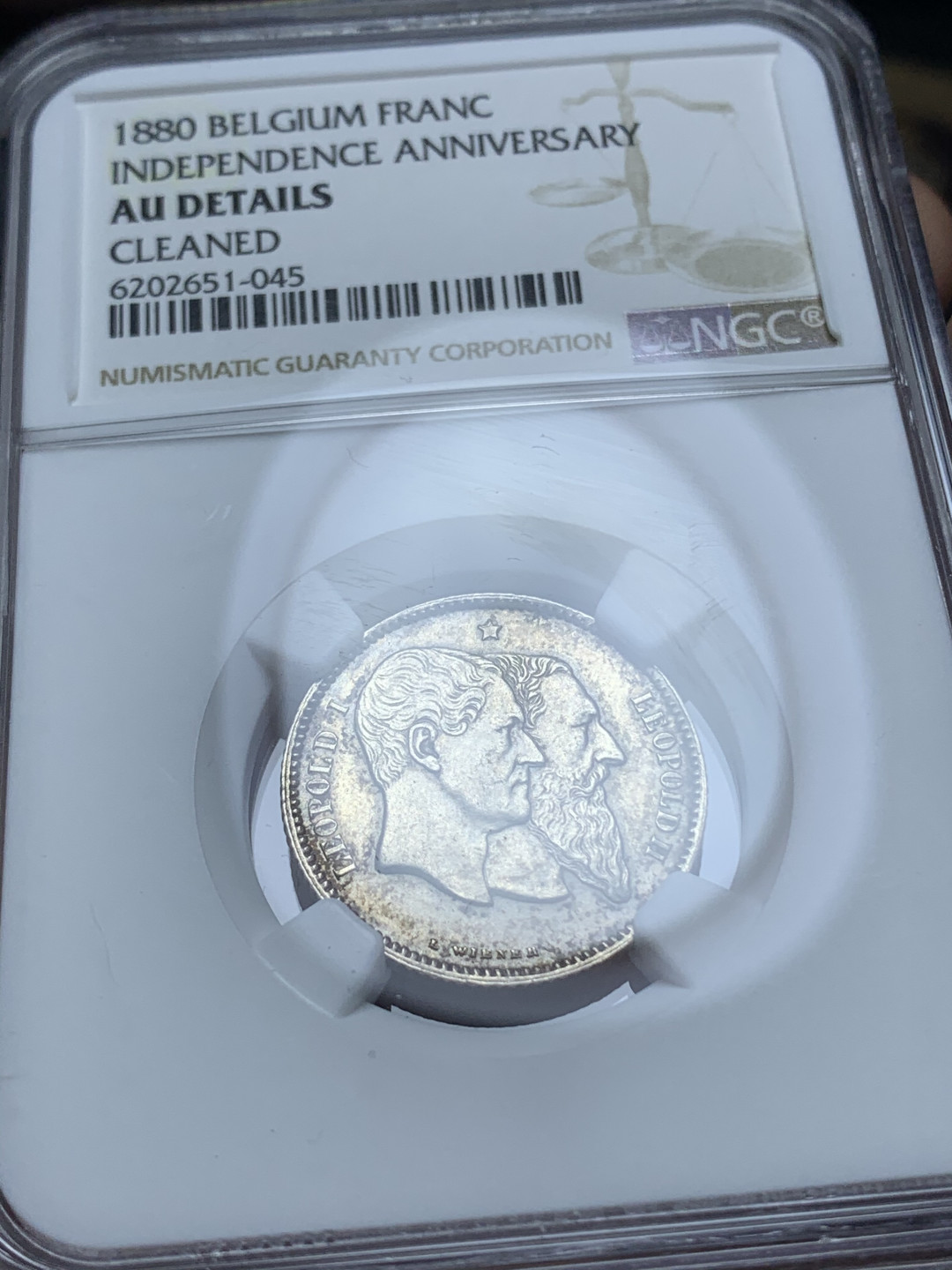 《竞宝斋》钱币微拍-第4场（0佣金包邮） NGC-AU 比利时1880年 50周年独立纪念 1法郎 银币 好品稀少