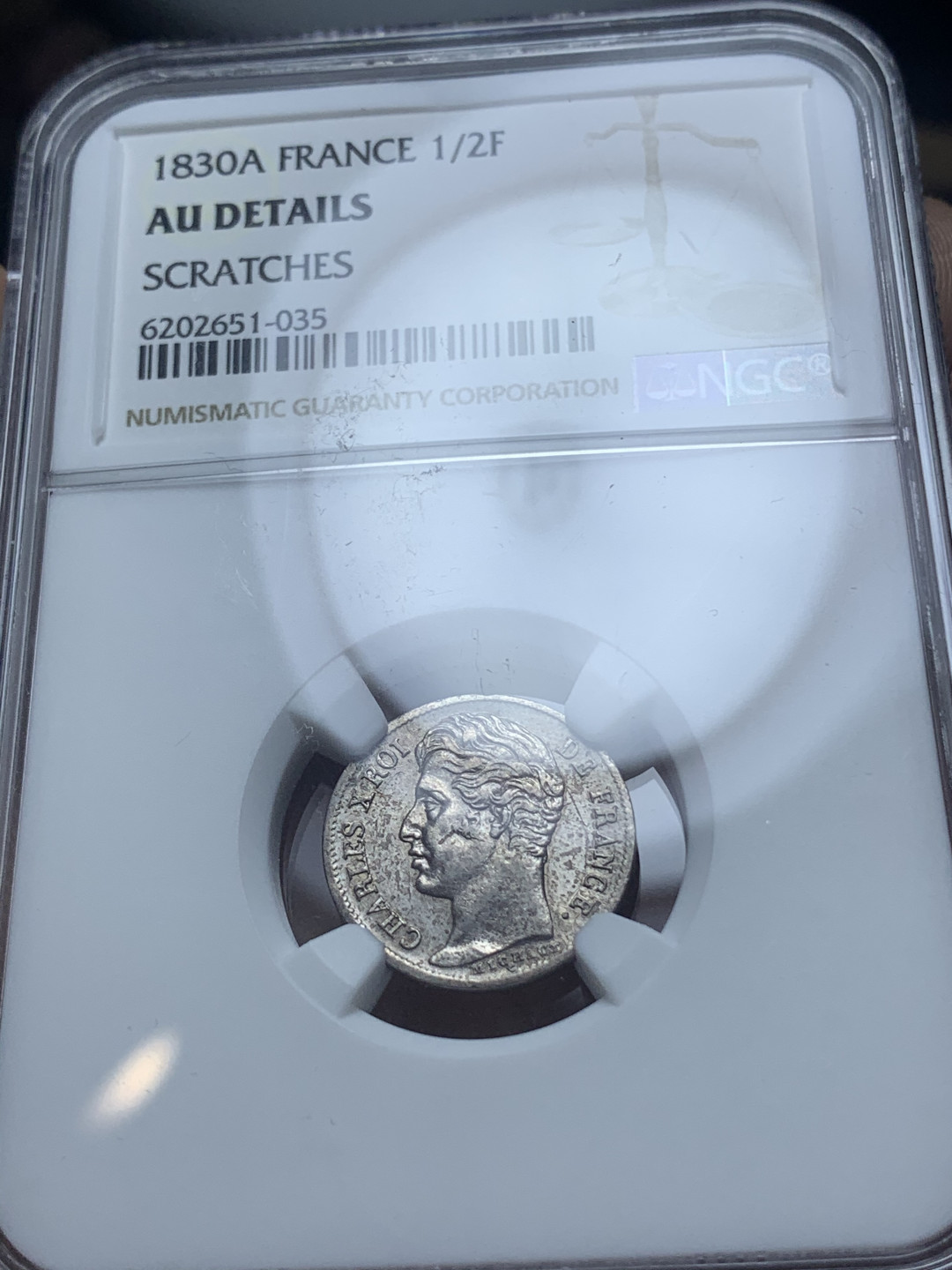 《竞宝斋》钱币微拍-第4场（0佣金包邮） NGC-AU 法国 1830年-A 查理十世 1/2法郎 发丝清晰好品 银币