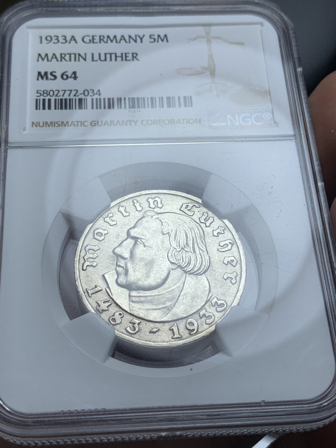 《竞宝斋》钱币微拍-第4场（0佣金包邮） NGC-MS64 德国 1933年 马丁路德 5马克 银币 收藏级品相