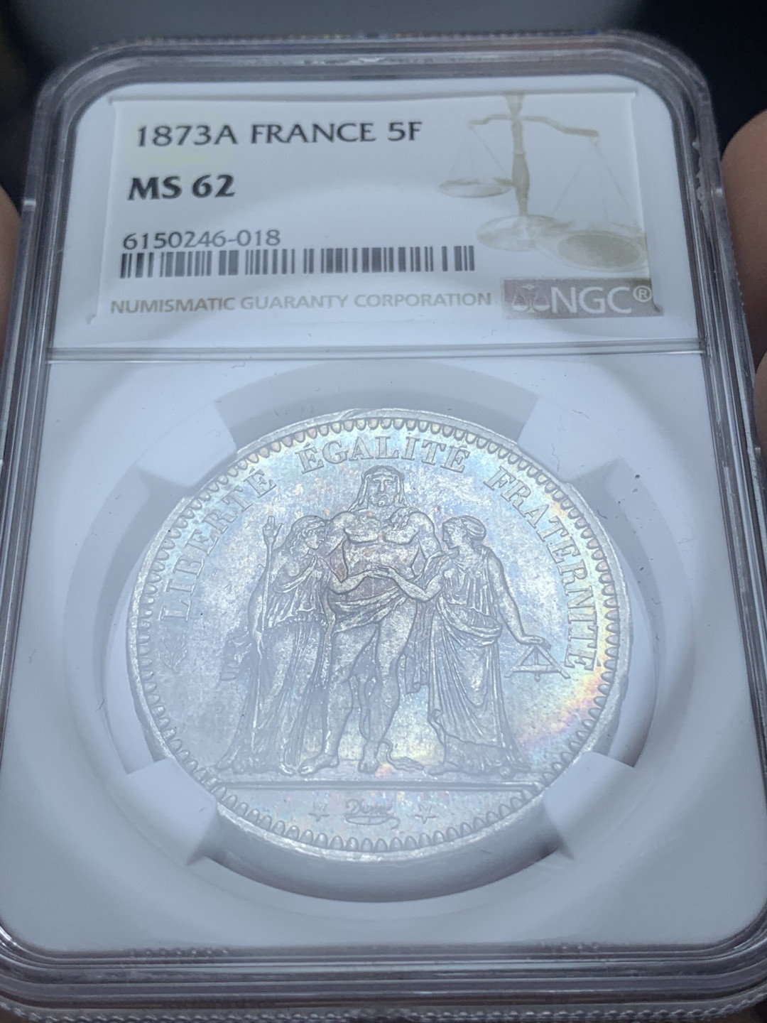 《竞宝斋》钱币微拍-第4场（0佣金包邮） NGC-MS62 法国大力神 1873年-A 5法郎 经典顶级五彩包浆 银币