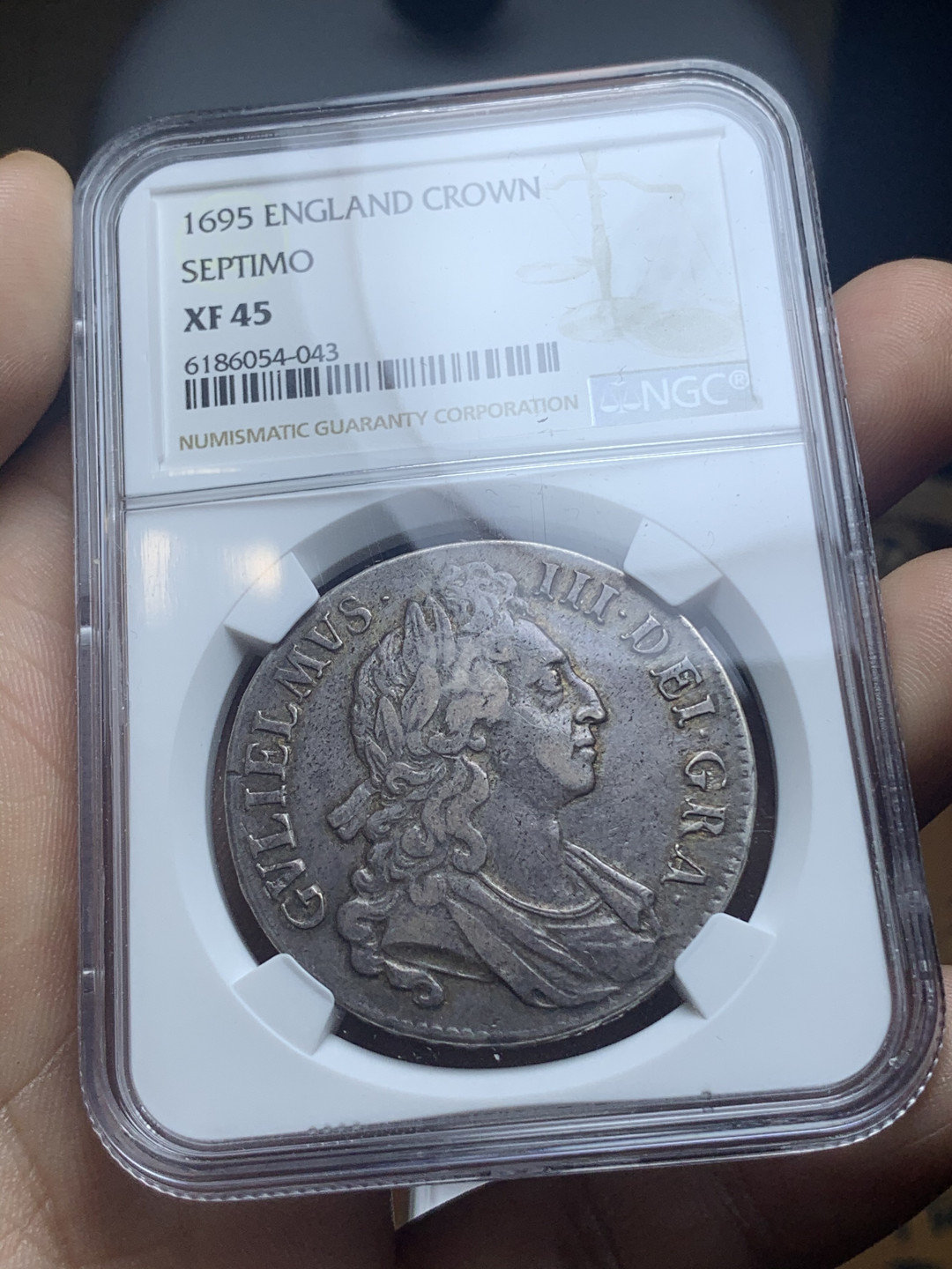 《竞宝斋》钱币微拍-第4场（0佣金包邮） NGC-XF45 英国1695年 威廉三世 原味黑包浆 克朗 大银币  HA二月份30分成交价564刀, 20年12月份XFD 成交价516刀