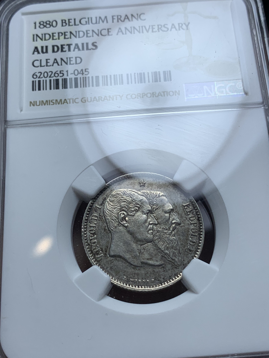 《竞宝斋》钱币微拍-第4场（0佣金包邮） NGC-AU 比利时1880年 50周年独立纪念 1法郎 银币 好品稀少