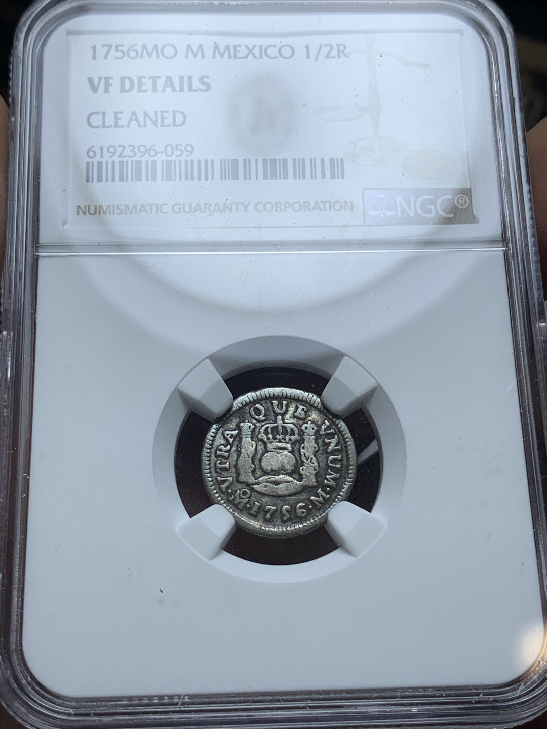 《竞宝斋》钱币微拍-第4场（0佣金包邮） NGC-VF 墨西哥 1756年费五 地球双柱 小银币 黑包浆 好味道难得