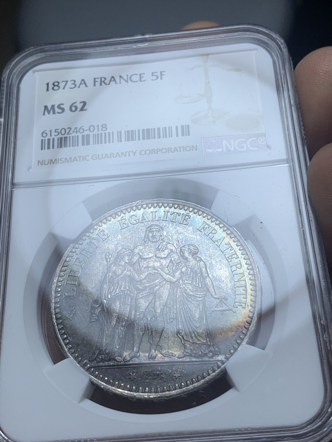 《竞宝斋》钱币微拍-第4场（0佣金包邮） NGC-MS62 法国大力神 1873年-A 5法郎 经典顶级五彩包浆 银币