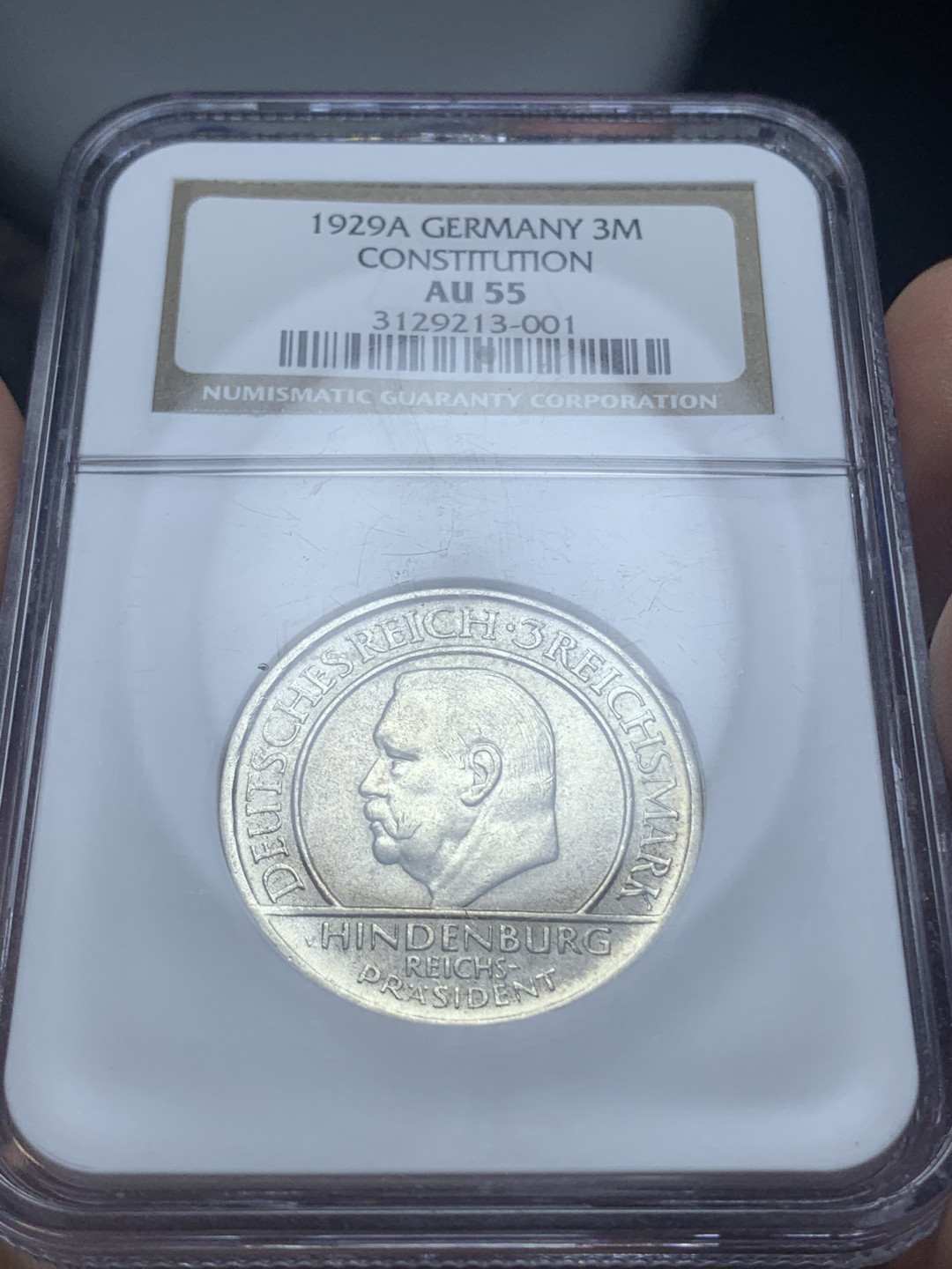 《竞宝斋》钱币微拍-第4场（0佣金包邮） NGC AU55 德国魏玛共和国时期兴登堡元帅头像1929年制宪周年3马克纪念银币