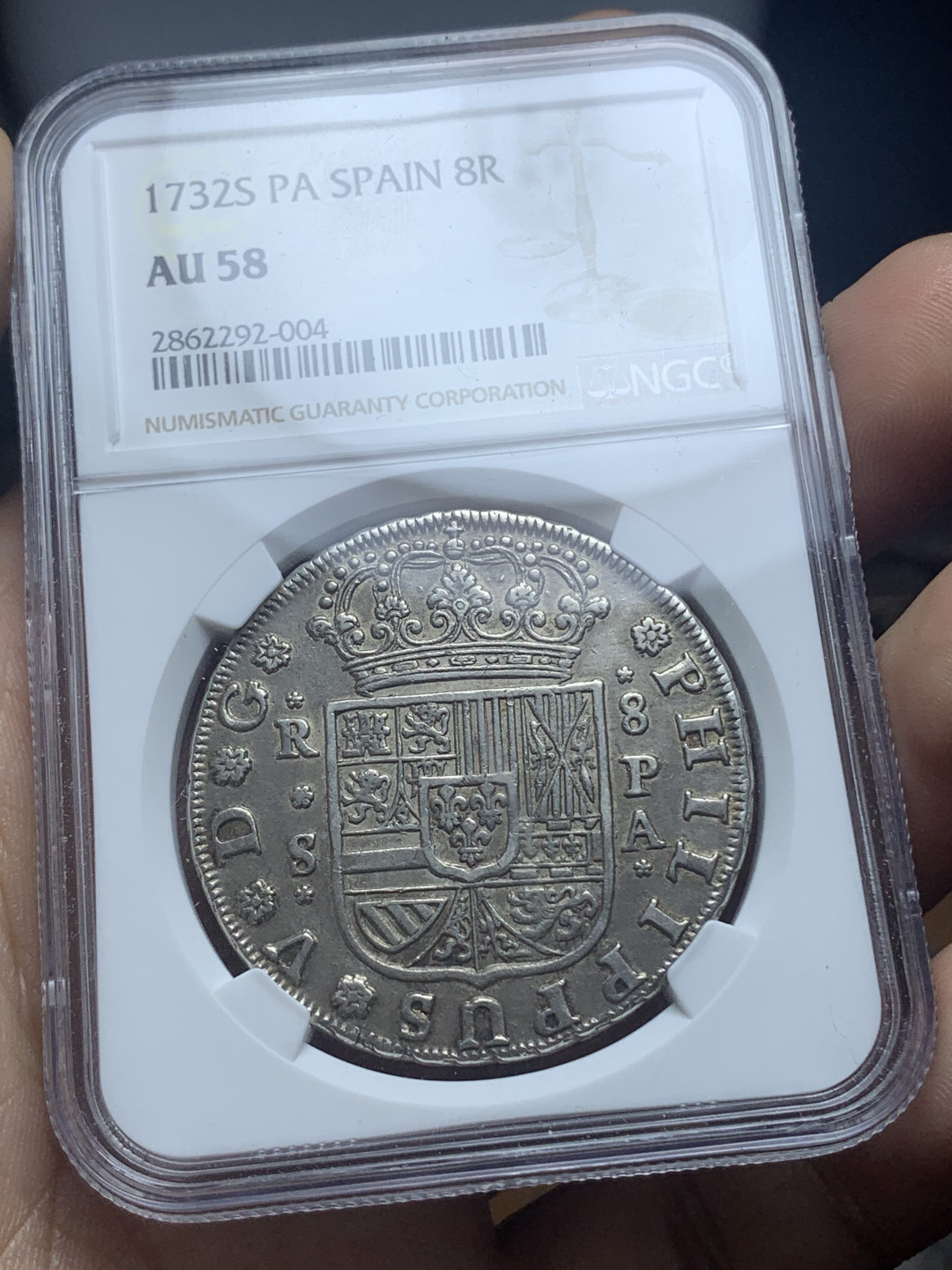 《竞宝斋》钱币微拍-第4场（0佣金包邮） NGC-AU58西班牙塞维利亚1732年 8R 十字大银币 第二名 此币因磨具问题全部弱打 第一名是MS64 HA2017售出 币面也全部弱打